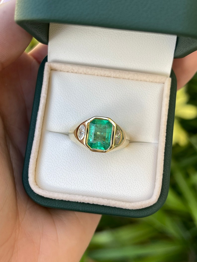 2.80tcw 18K Vivid Medium Green Natural Emerald Cut & Marquise Diamond 3 Stone Bezel Ring - JR Colombian Emeralds