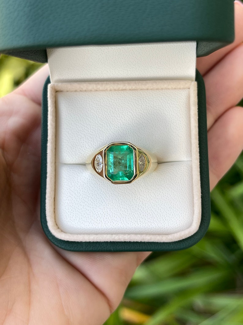 2.80tcw 18K Vivid Medium Green Natural Emerald Cut & Marquise Diamond 3 Stone Bezel Ring