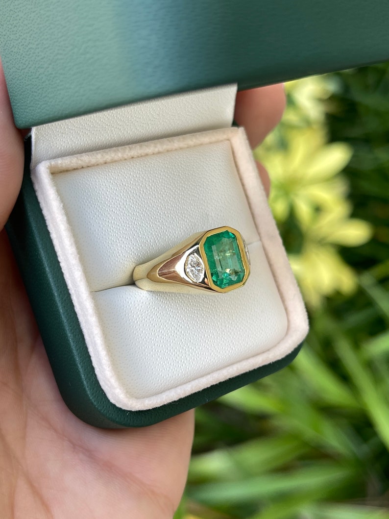 2.80tcw 18K Vivid Medium Green Natural Emerald Cut & Marquise Diamond 3 Stone Bezel Ring - JR Colombian Emeralds