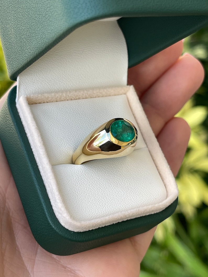 2.30ct 18K Dark Green Earth Mined Round Mens Emerald Bezel Solitaire Solid Yellow Gold Pinky Ring - JR Colombian Emeralds