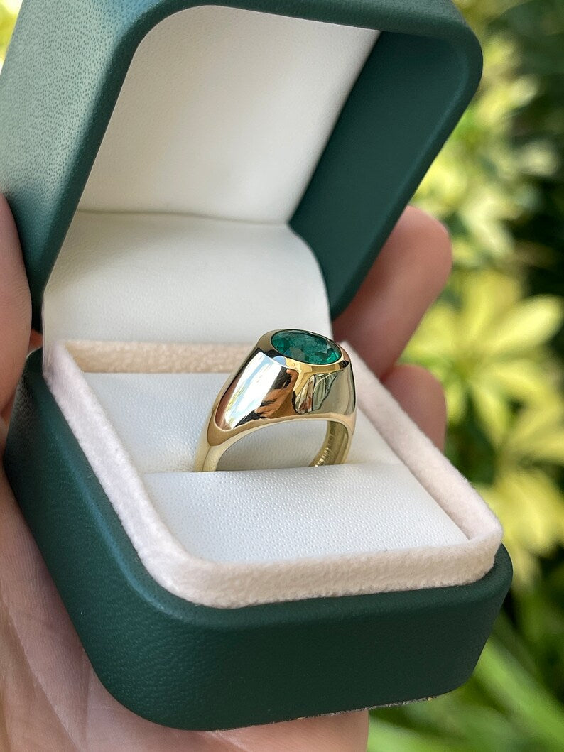 2.30ct 18K Dark Green Earth Mined Round Mens Emerald Bezel Solitaire Solid Yellow Gold Pinky Ring