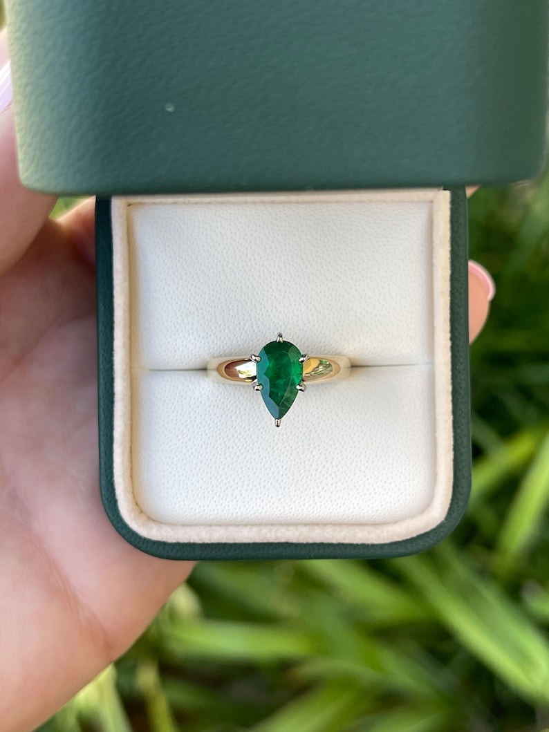 Chic and Sophisticated: Dark Green Pear Real Emerald Solitaire 1.06ct Prong Promise Ring in 14K Gold