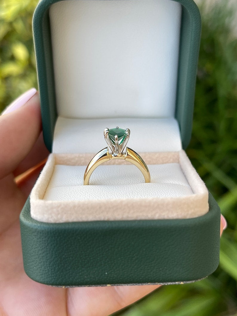 Classic Charm: Dark Green Pear Real Emerald Solitaire 1.06ct 14K Gold Promise Engagement Ring