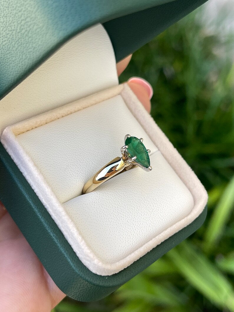 Celebrate Brilliance: 14K Gold Ring Featuring 1.06ct Dark Green Pear Real Emerald Solitaire Prong Promise