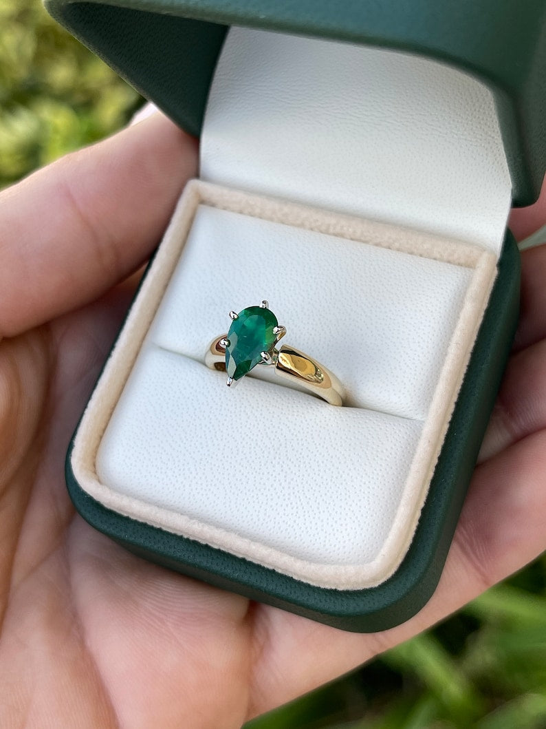 Exquisite Elegance: 1.06ct 14K Dark Green Classic Pear Real Emerald Solitaire Prong Promise Ring