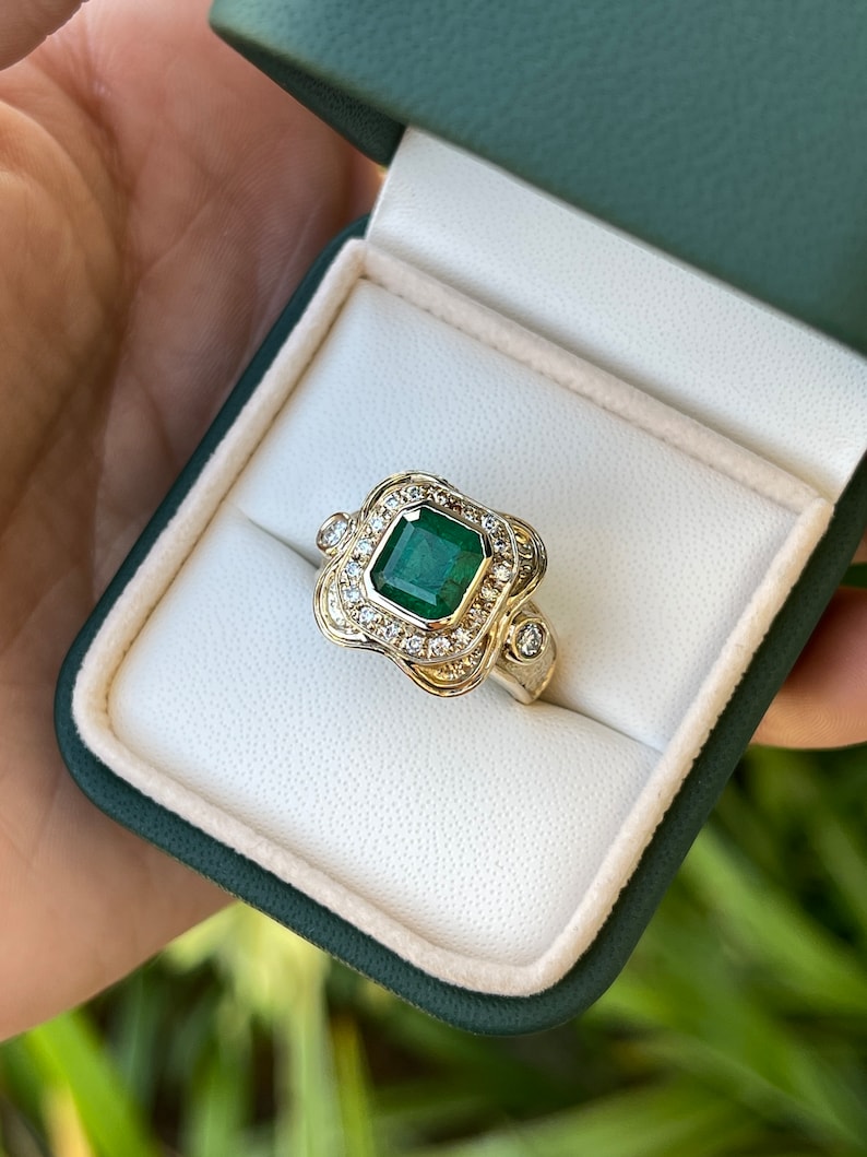 2.17tcw 14K Intense Dark Green Emerald Cut & Mid Century Diamond Statement Ring - JR Colombian Emeralds