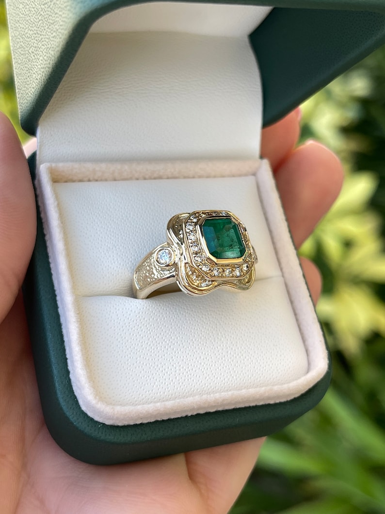 2.17tcw 14K Intense Dark Green Emerald Cut & Mid Century Diamond Statement Ring - JR Colombian Emeralds