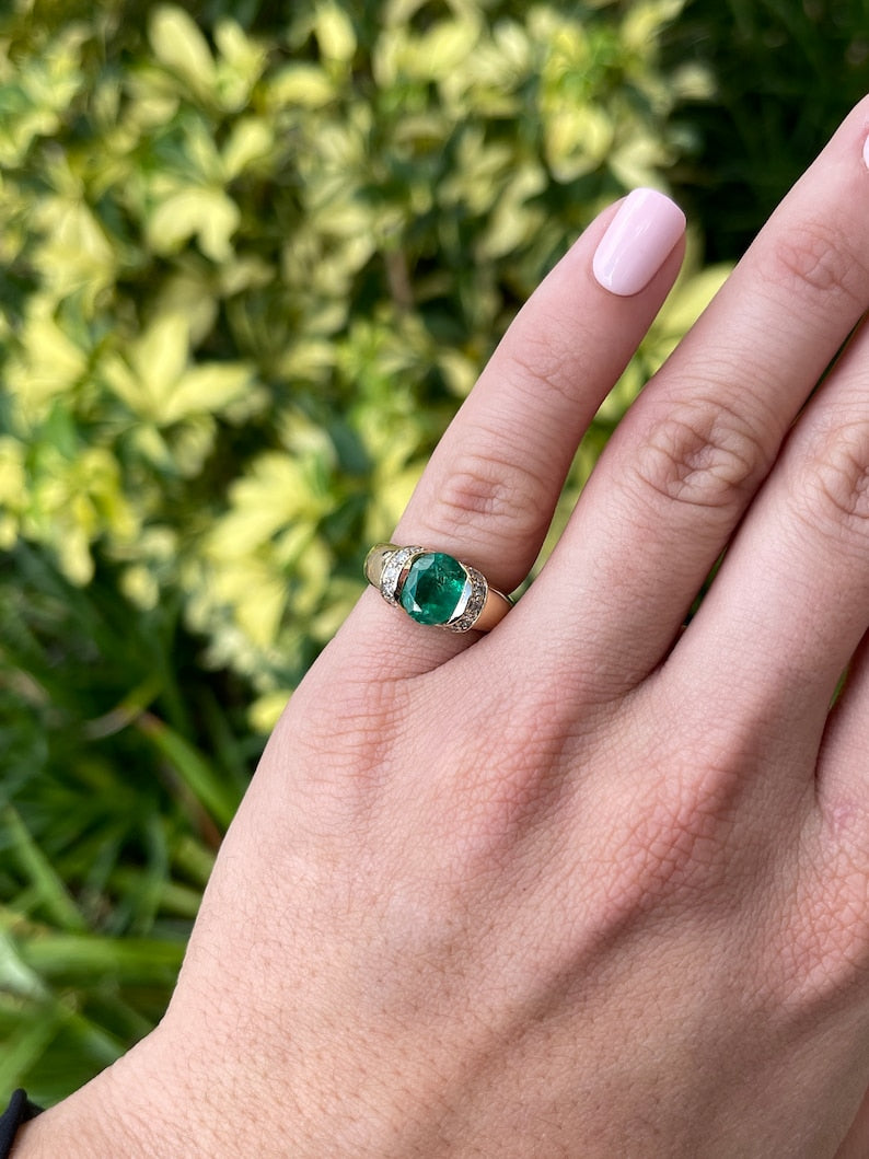 2.22tcw 14K Genuine Oval Cut Deep Medium Dark Green Emerald & Diamond Accent Tension Set Ring - JR Colombian Emeralds