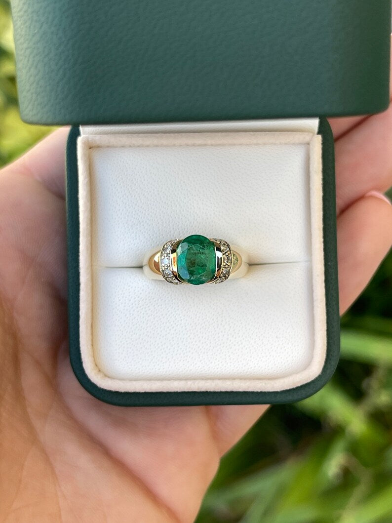 2.22tcw 14K Genuine Oval Cut Deep Medium Dark Green Emerald & Diamond Accent Tension Set Ring