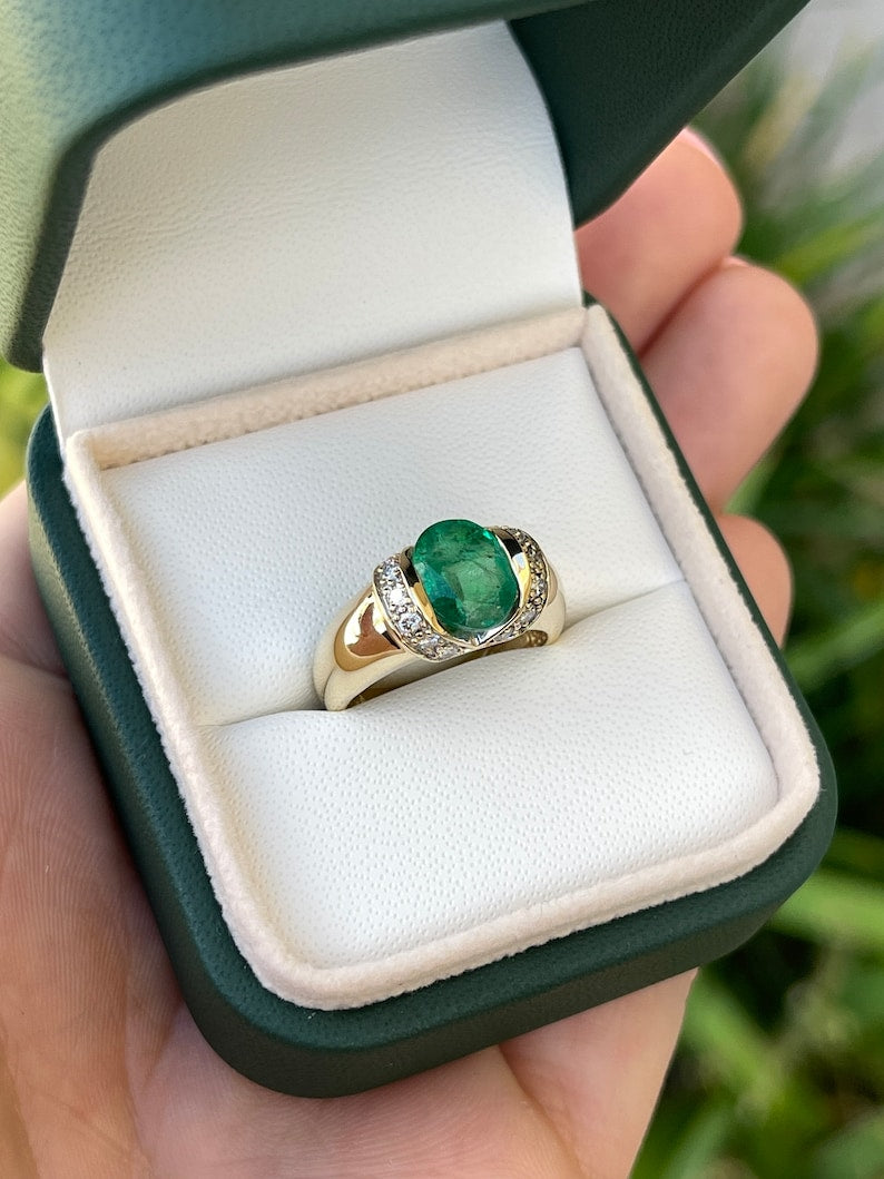 2.22tcw 14K Genuine Oval Cut Deep Medium Dark Green Emerald & Diamond Accent Tension Set Ring - JR Colombian Emeralds