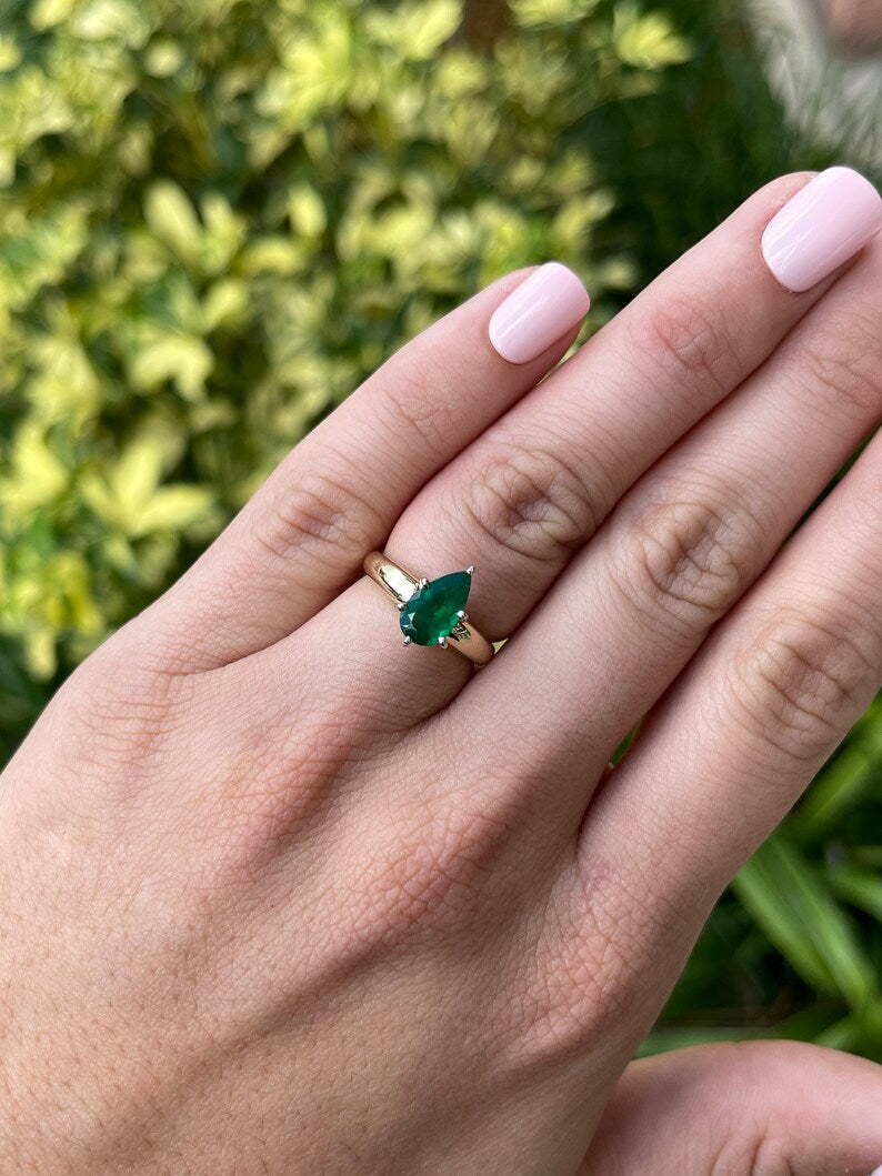 Eternal Radiance: 14K Gold Ring with 1.06ct Dark Green Pear Real Emerald Solitaire Prong Promise - A Timeless Sparkle