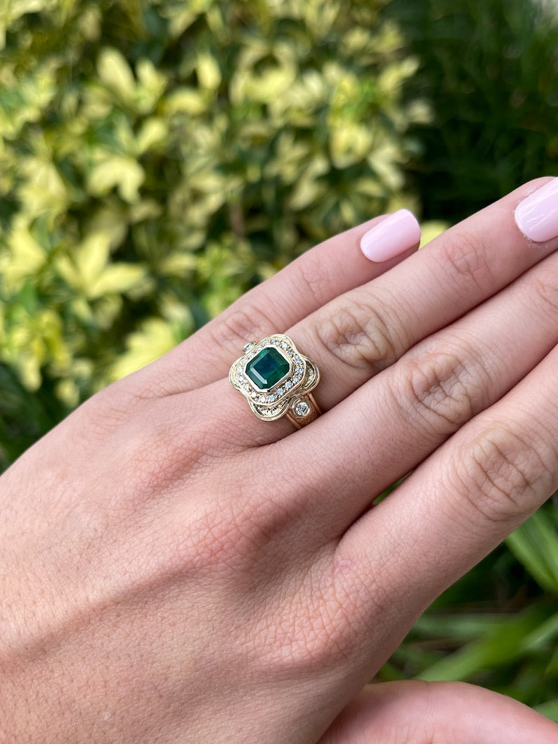 2.17tcw 14K Intense Dark Green Emerald Cut & Mid Century Diamond Statement Ring - JR Colombian Emeralds