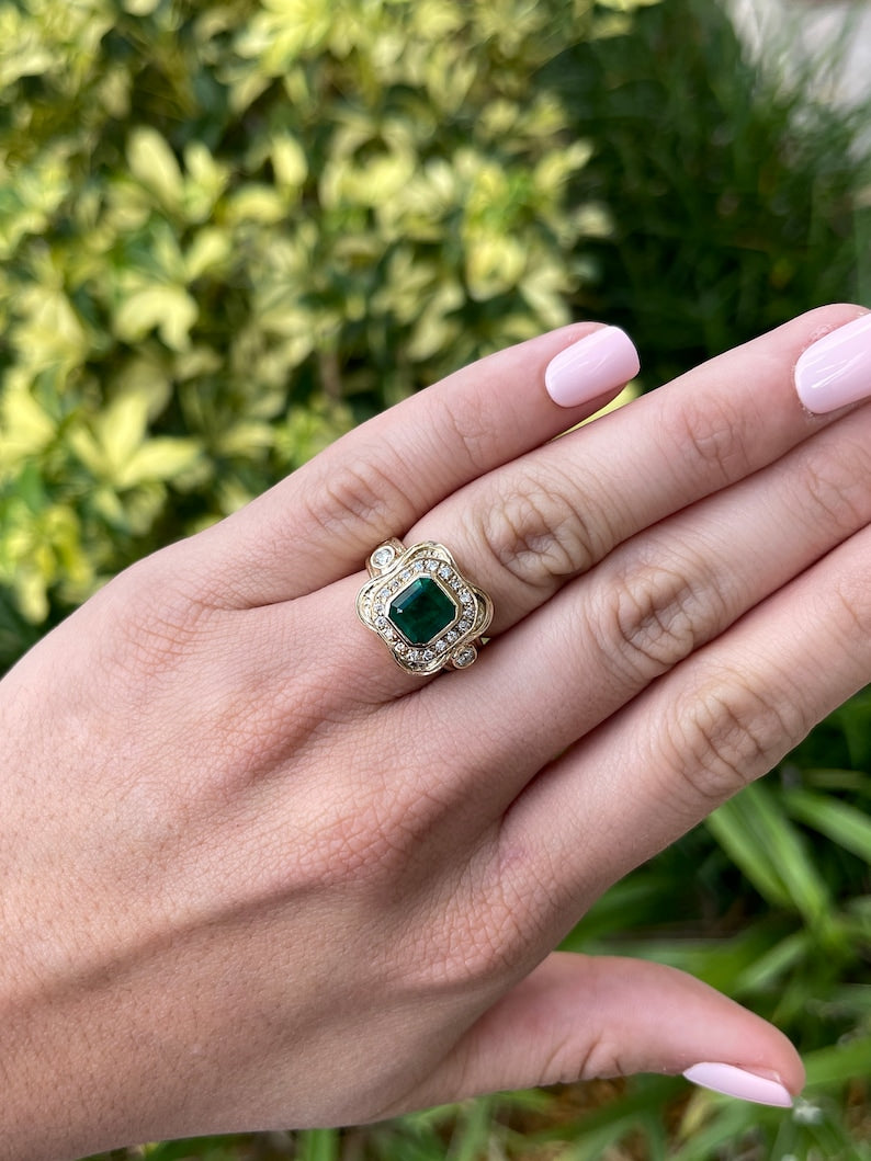 2.17tcw 14K Intense Dark Green Emerald Cut & Mid Century Diamond Statement Ring - JR Colombian Emeralds