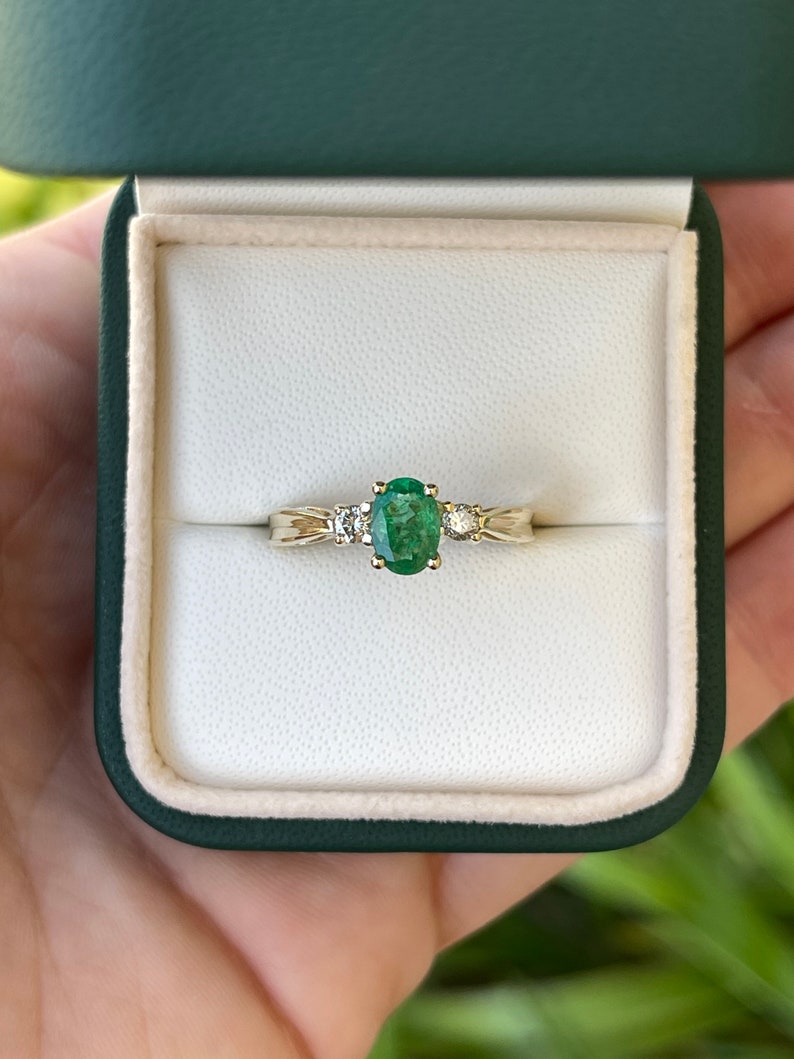 1.34tcw Natural Medium Dark Vivid Green Emerald Diamond Three Stone Ring 14K - JR Colombian Emeralds