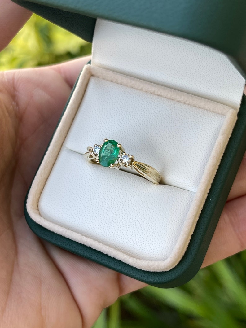 1.34tcw Natural Medium Dark Vivid Green Emerald Diamond Three Stone Ring 14K - JR Colombian Emeralds