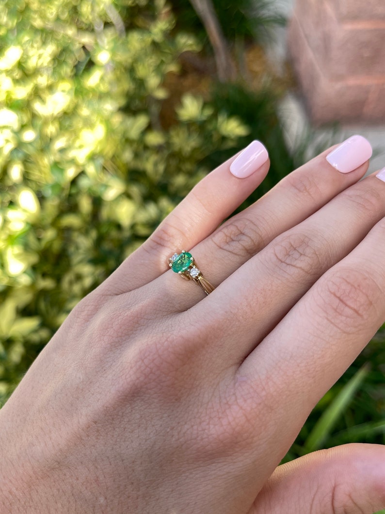 1.34tcw Natural Medium Dark Vivid Green Emerald Diamond Three Stone Ring 14K - JR Colombian Emeralds