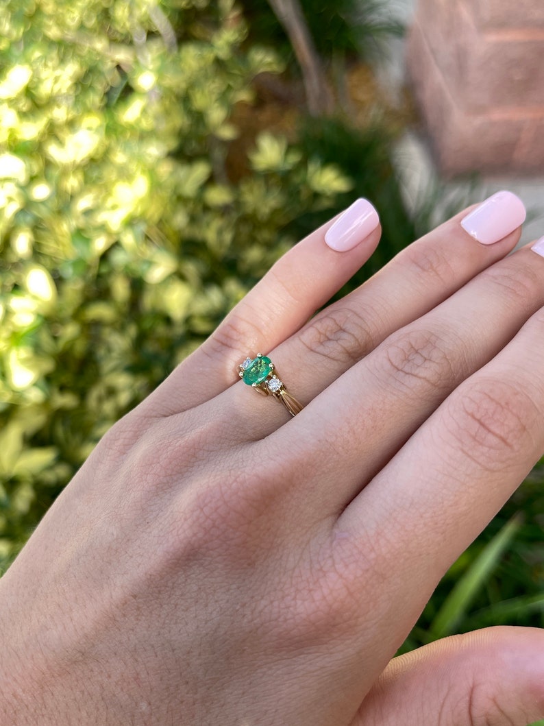 1.34tcw Natural Medium Dark Vivid Green Emerald Diamond Three Stone Ring 14K