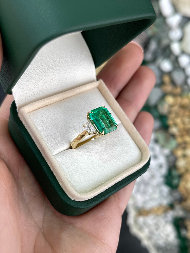 4.80tcw 18K 3 Stone AAA Quality Heirloom Colombian Emerald & Trapezoid Diamond Engagement Ring