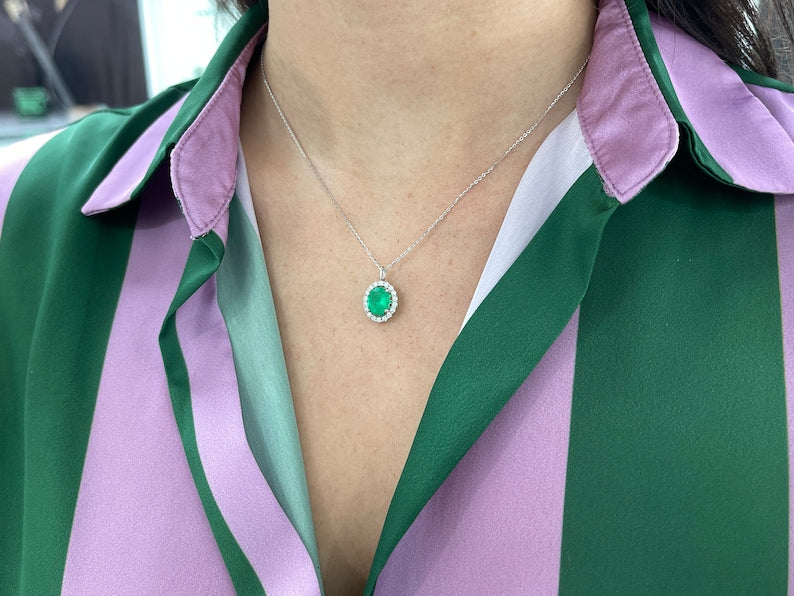 3.25tcw 14K Vivacious Spring Green Emerald-Oval Cut & Diamond Halo Gold Pendant Necklace