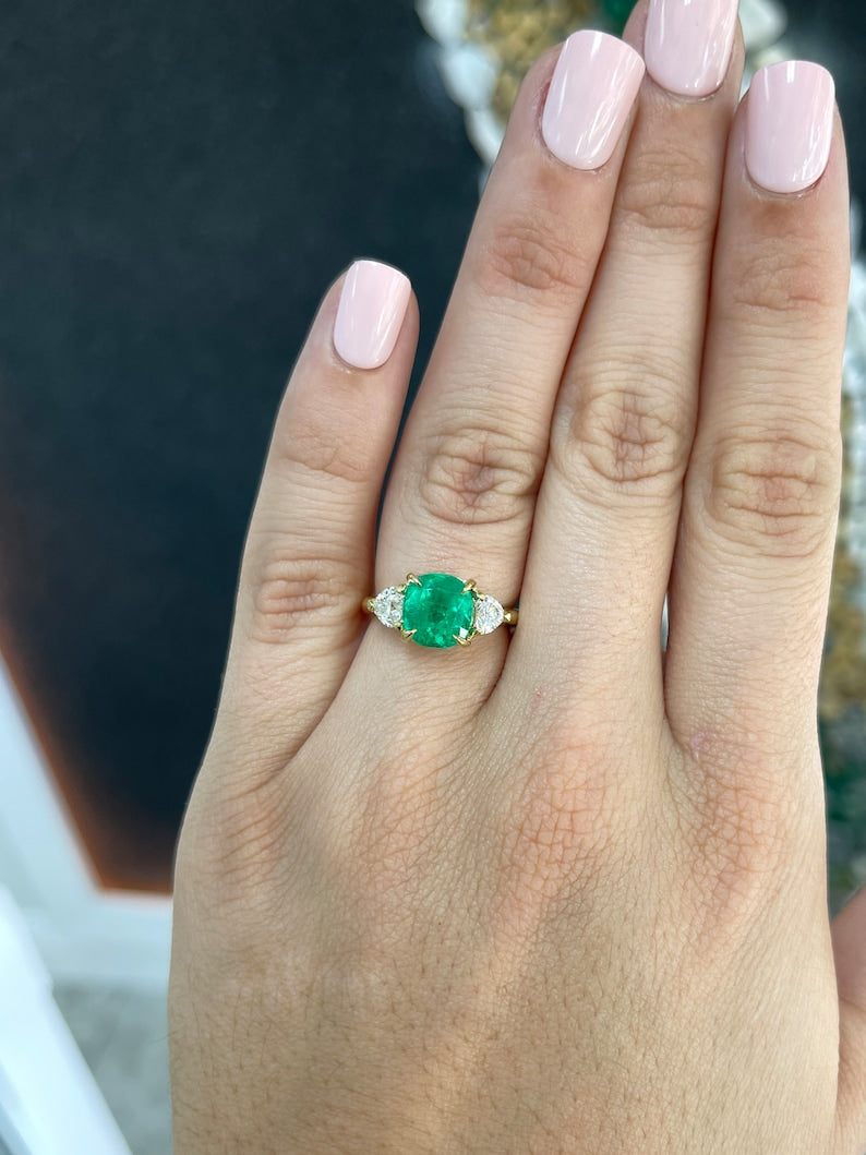 3.54tcw Vivid Colombian Cushion Emerald & Heart Romantic Diamond Engagement Ring 18K - JR Colombian Emeralds