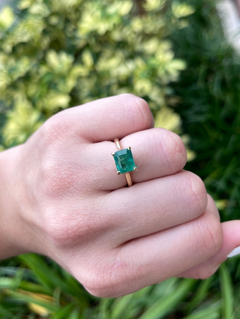 2.55ct 18K Natural Emerald Cut Bluish Green Medium Dark Green East to West Engagement Ring - JR Colombian Emeralds