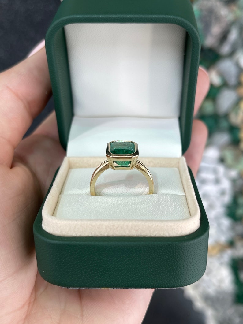 4.45ct 14K Natural Vertical Emerald Bezel Solitaire Split Shank Gold Anniversary Engagement Ring - JR Colombian Emeralds