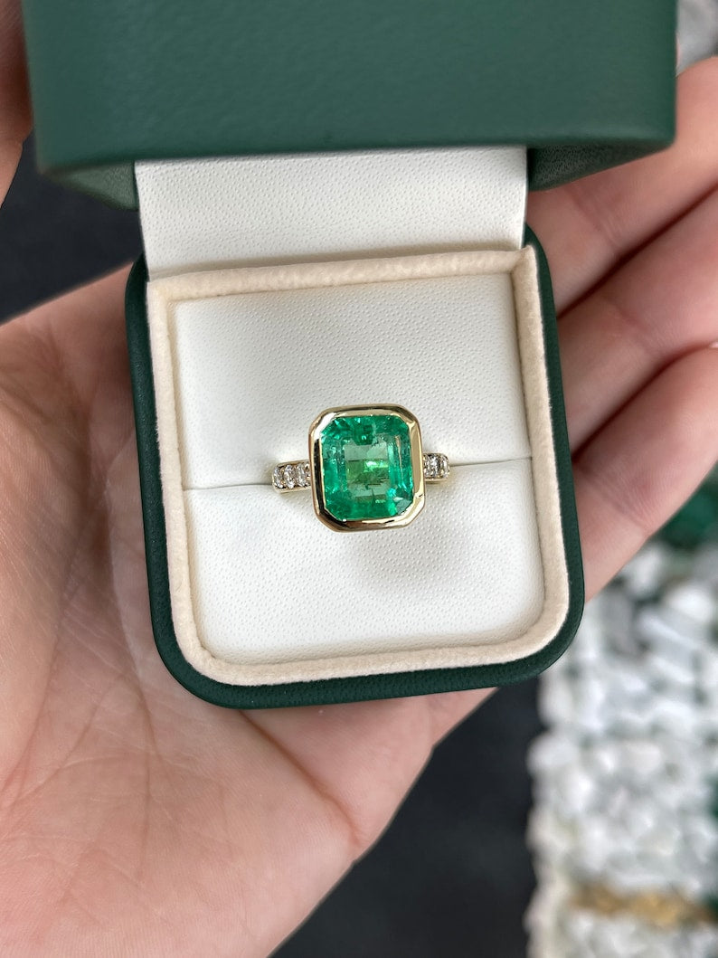 5.50tcw 18K AAA Emerald & Diamond Bezel Set Shank Solitaire With Accents Engagement Ring - JR Colombian Emeralds