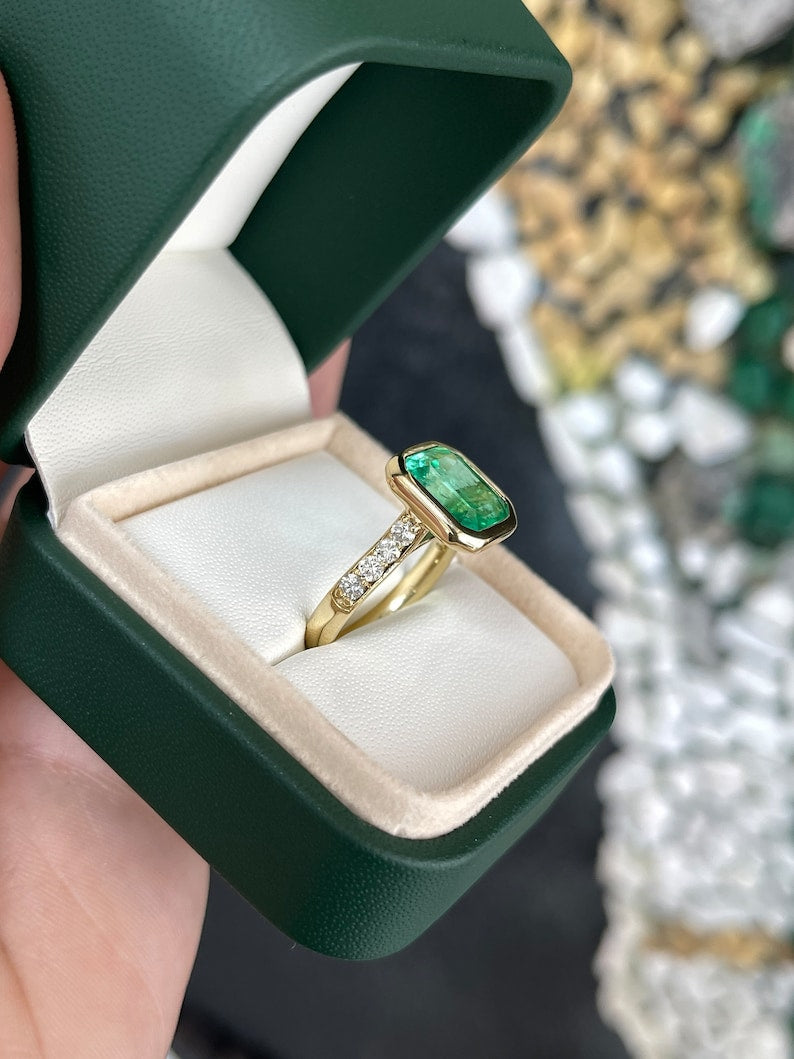 5.50tcw 18K AAA Emerald & Diamond Bezel Set Shank Solitaire With Accents Engagement Ring - JR Colombian Emeralds