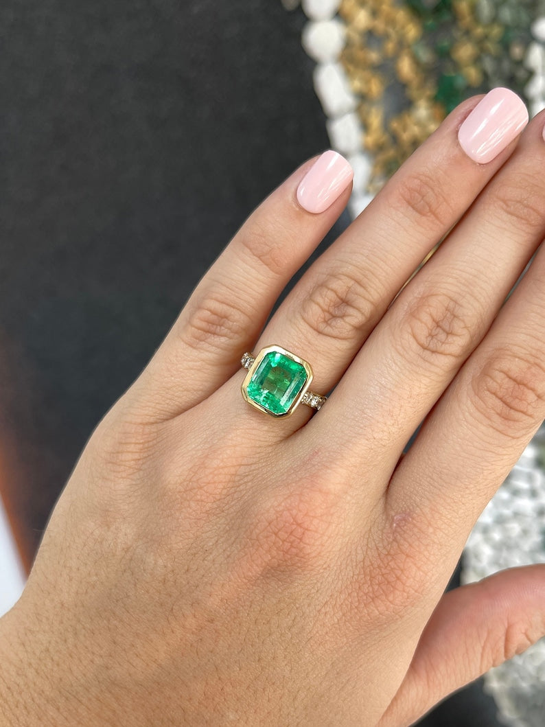 5.50tcw 18K AAA Emerald & Diamond Bezel Set Shank Solitaire With Accents Engagement Ring - JR Colombian Emeralds