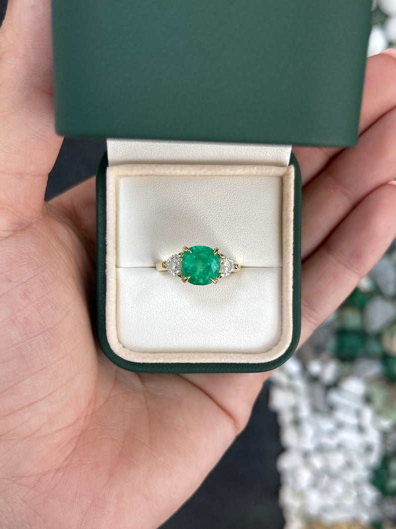 3.54tcw Vivid Colombian Cushion Emerald & Heart Romantic Diamond Engagement Ring 18K - JR Colombian Emeralds