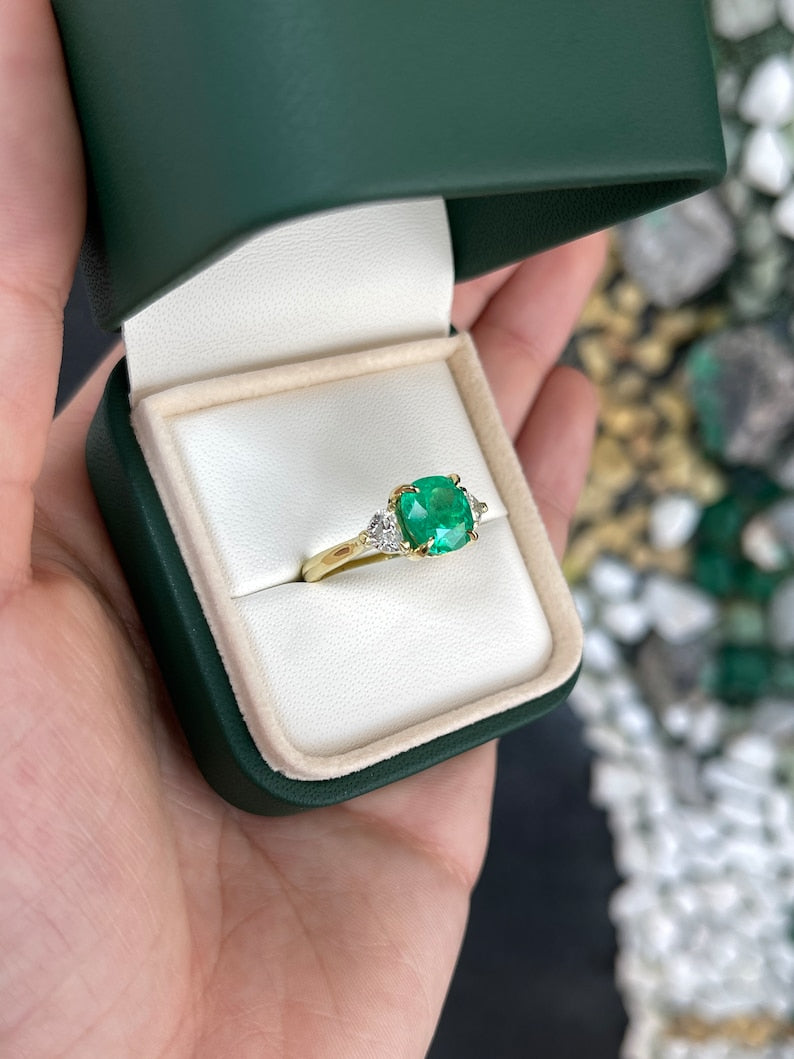 3.54tcw Vivid Colombian Cushion Emerald & Heart Romantic Diamond Engagement Ring 18K - JR Colombian Emeralds