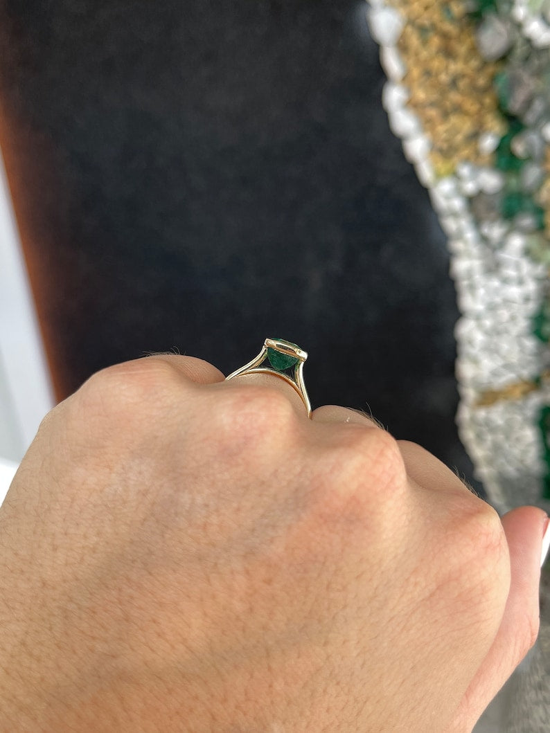 4.76ct 14K Bluish Green Elongated Emerald Bezel Stackable Solitaire Anniversary Engagement Ring - JR Colombian Emeralds