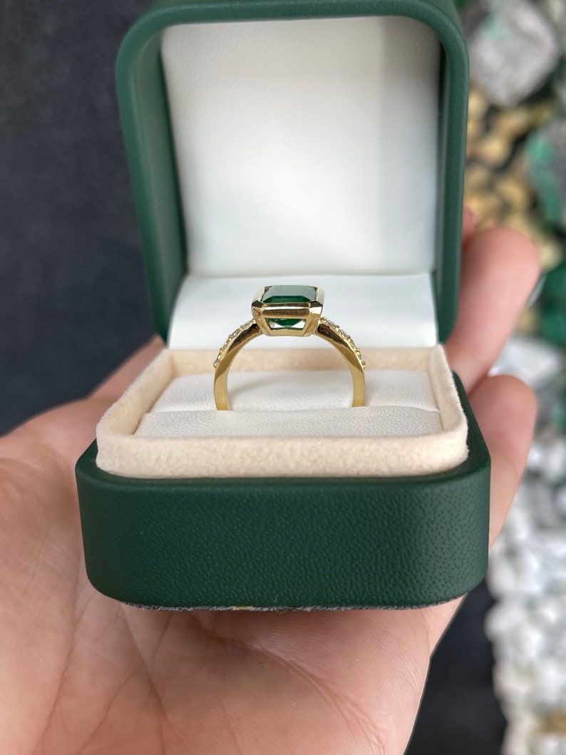 3.85tcw 18K Real Deep Dark Elongated Emerald Cut & Diamond Accent Yellow Gold Engagement Ring - JR Colombian Emeralds