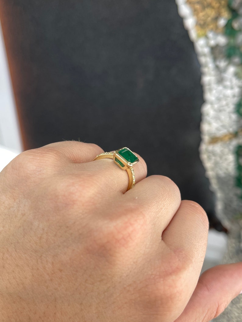 3.85tcw 18K Real Deep Dark Elongated Emerald Cut & Diamond Accent Yellow Gold Engagement Ring - JR Colombian Emeralds