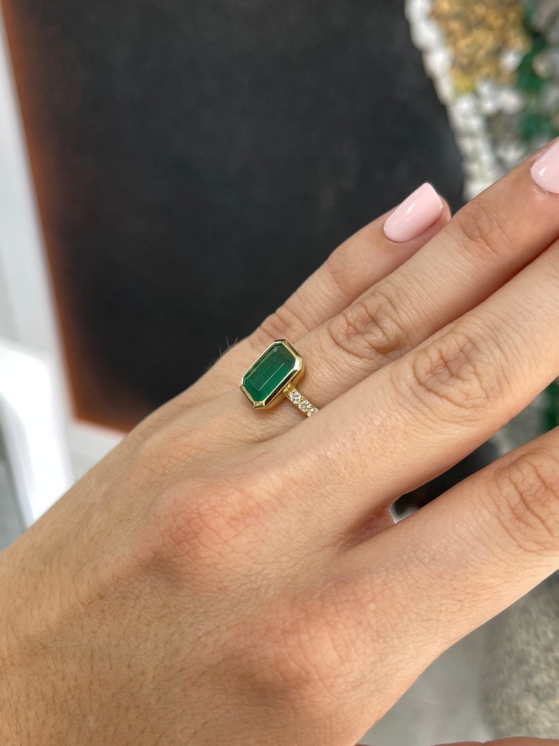 3.85tcw 18K Real Deep Dark Elongated Emerald Cut & Diamond Accent Yellow Gold Engagement Ring - JR Colombian Emeralds