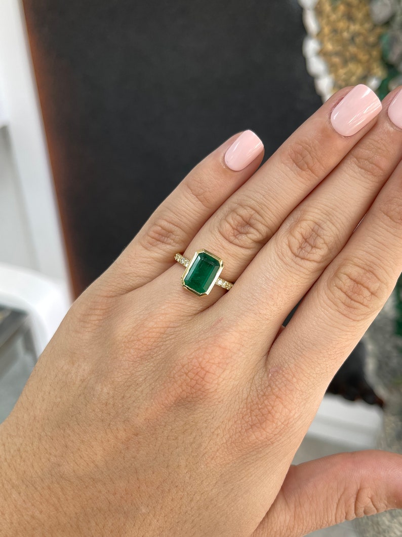 3.85tcw 18K Real Deep Dark Elongated Emerald Cut & Diamond Accent Yellow Gold Engagement Ring - JR Colombian Emeralds