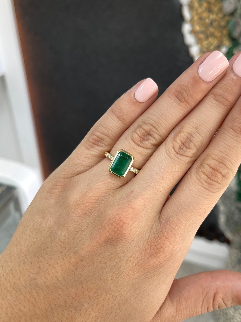 3.85tcw 18K Real Deep Dark Elongated Emerald Cut & Diamond Accent Yellow Gold Engagement Ring