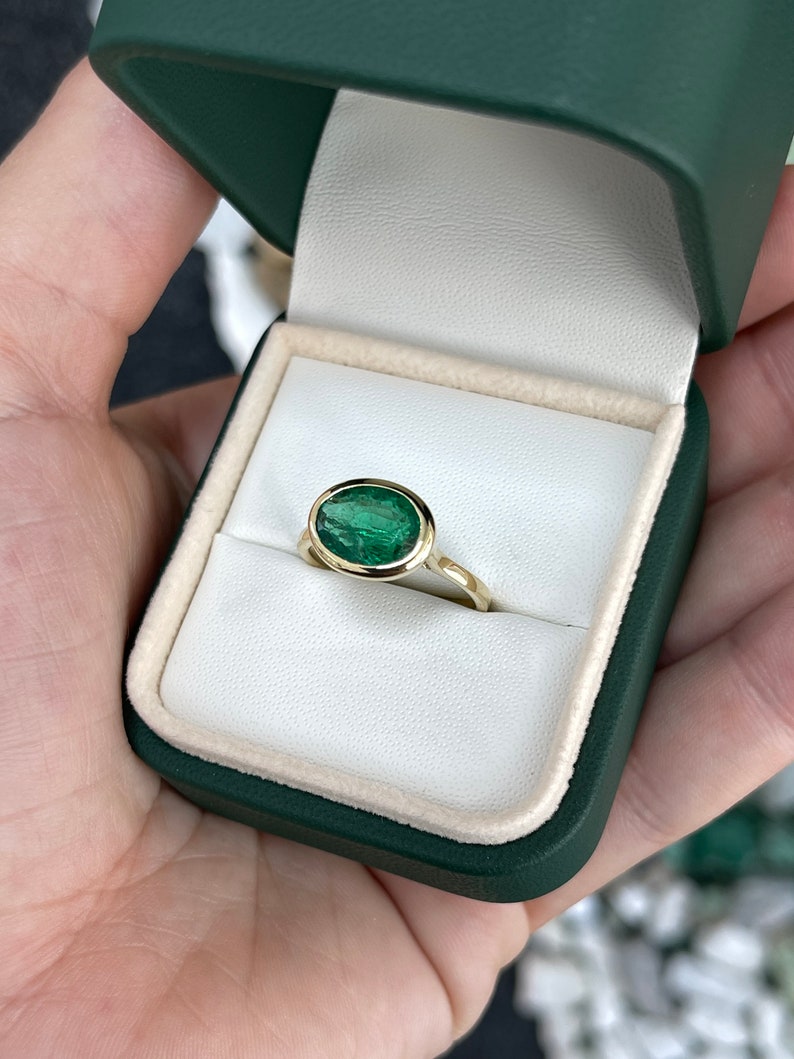 2.75ct 18K East To West Oval Dark Vivid Green Emerald Solitaire Stackable Bezel Yellow Gold Promise Ring - JR Colombian Emeralds