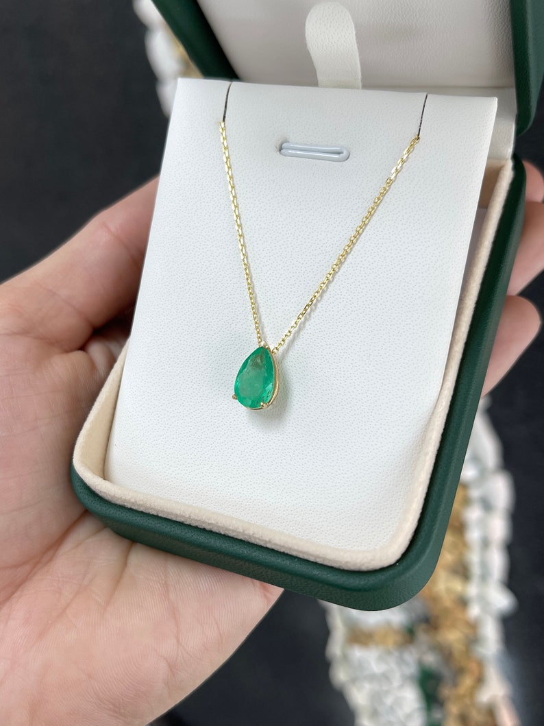 2.71cts 14K Pear Cut Colombian Emerald Solitaire Gold Slider 3 Prong Pendant Necklace - JR Colombian Emeralds