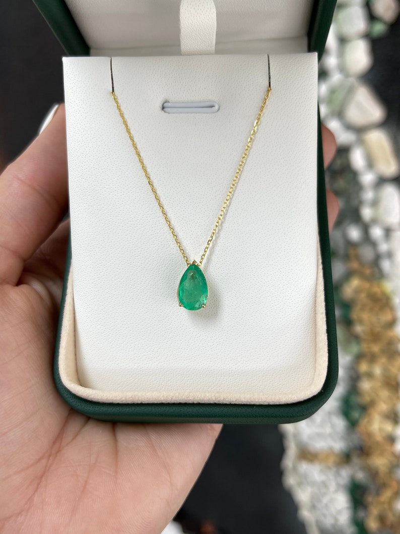 2.71cts 14K Pear Cut Colombian Emerald Solitaire Gold Slider 3 Prong Pendant Necklace - JR Colombian Emeralds