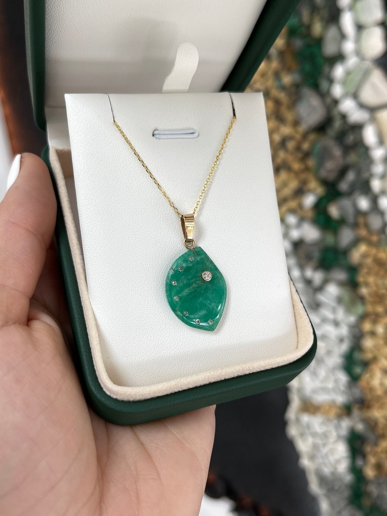 17.04tcw 14K Natural Raw Emerald Slice & Diamond Accent Rough Gold Pendant Necklace - JR Colombian Emeralds