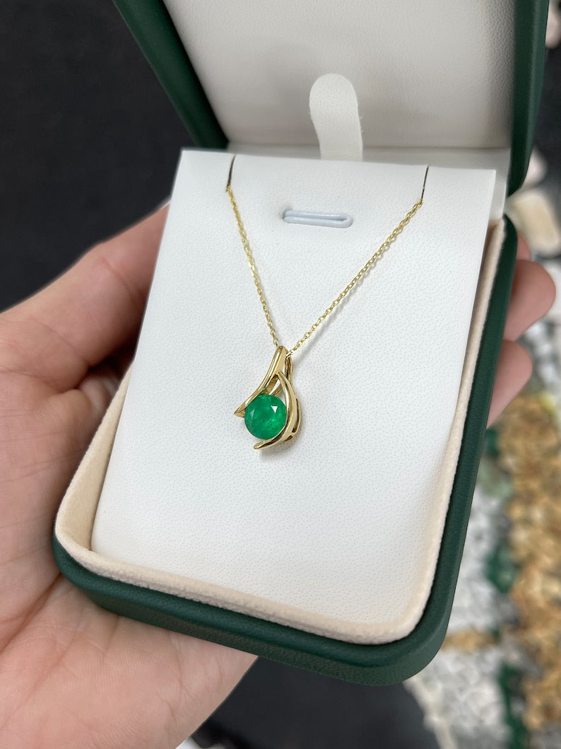 2.0ct 14K Kanji Shaped Colombian Emerald-Round Cut Solitaire Pendant Necklace