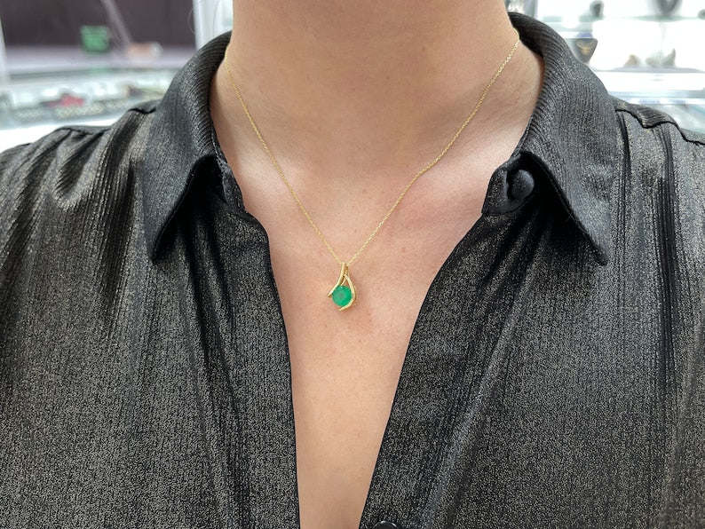 2.0ct 14K Kanji Shaped Colombian Emerald-Round Cut Solitaire Pendant Necklace - JR Colombian Emeralds