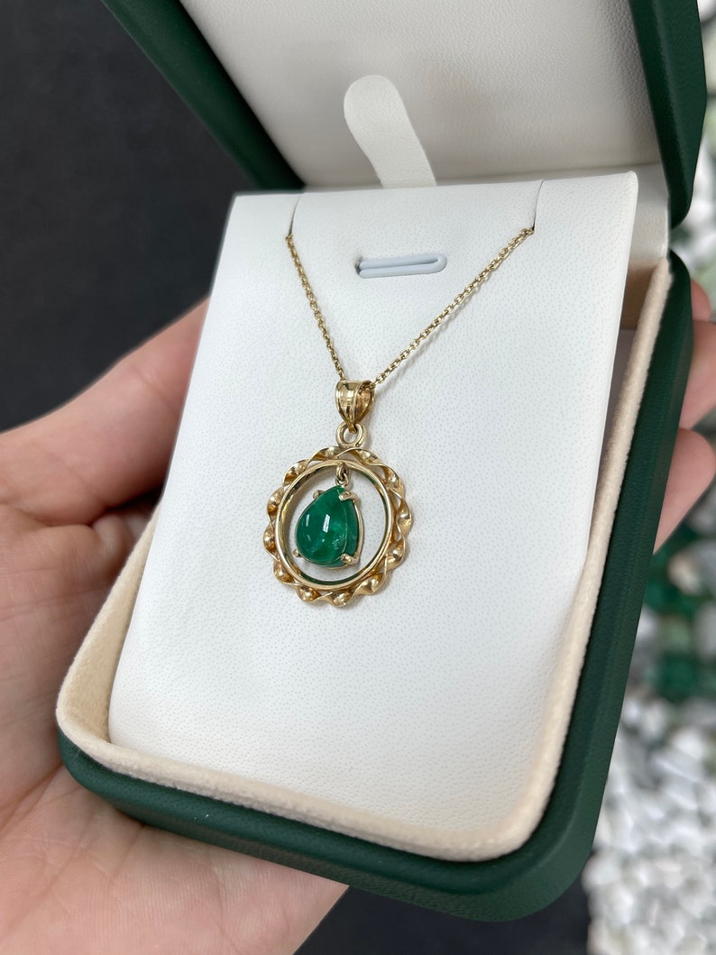 3.75cts 14K Natural Emerald Pear Cut Cabochon Vintage Solitaire Anniversary Pendant Necklaces - JR Colombian Emeralds