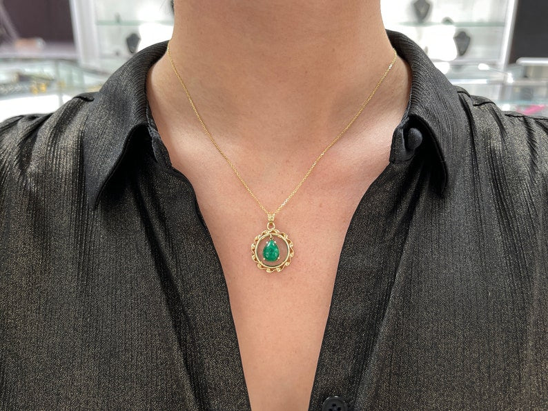 3.75cts 14K Natural Emerald Pear Cut Cabochon Vintage Solitaire Anniversary Pendant Necklaces - JR Colombian Emeralds