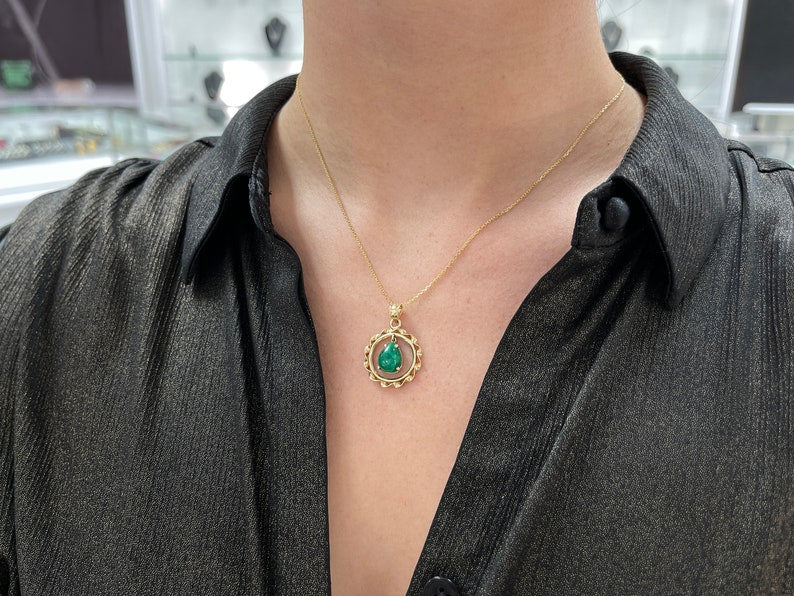 3.75cts 14K Natural Emerald Pear Cut Cabochon Vintage Solitaire Anniversary Pendant Necklaces - JR Colombian Emeralds