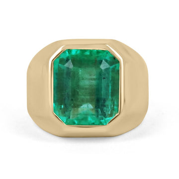 Mens Emerald Solitaire Gold Signet Pinky Gypsy Ring