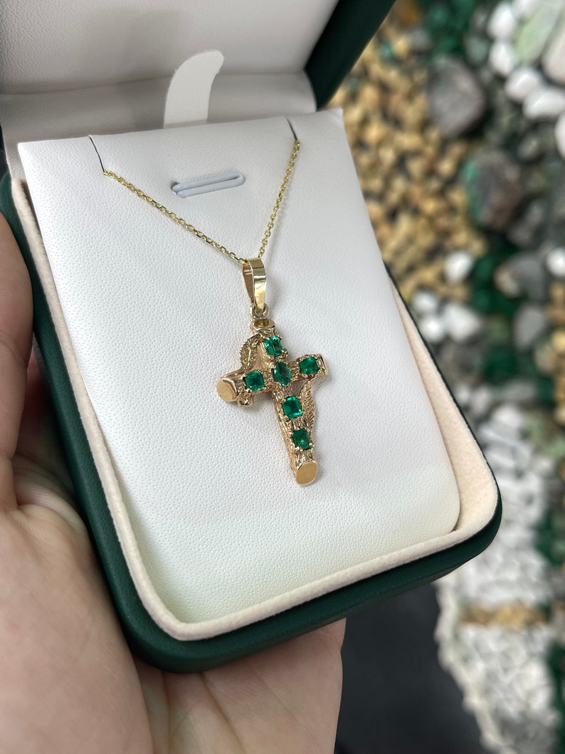 1.75tcw 14K Medium Dark Vivid Green Real Emerald Gold Unisex Cross Pendant Necklace