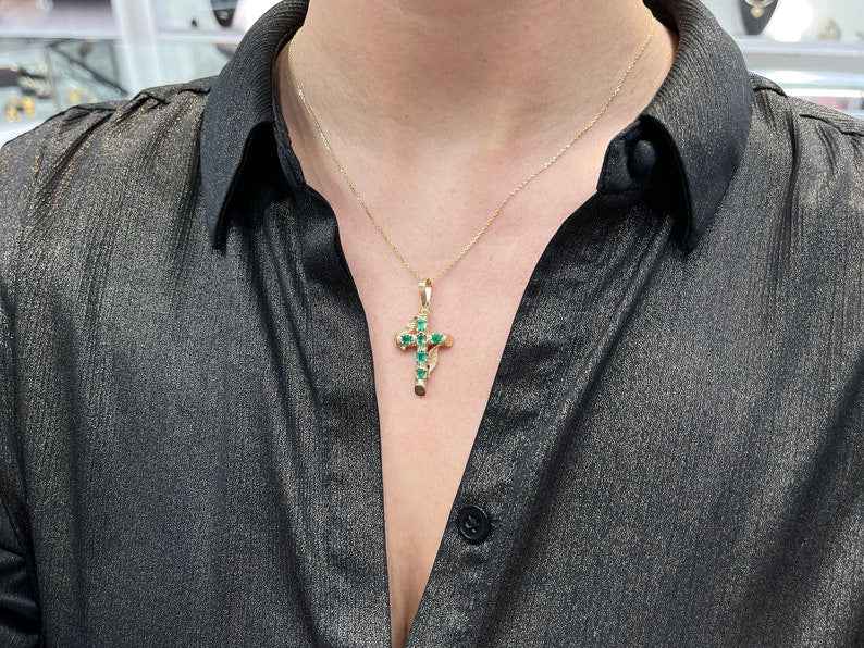 1.75tcw 14K Medium Dark Vivid Green Real Emerald Gold Unisex Cross Pendant Necklace - JR Colombian Emeralds