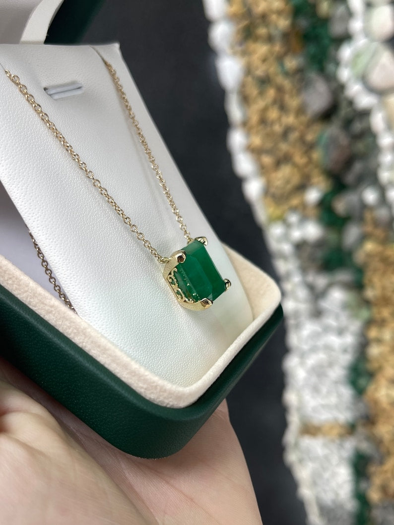 10.50 Carat 14K Gold Deep Green Large 14x14 Solitaire Square Emerald Stationary Anniversary Necklace - JR Colombian Emeralds